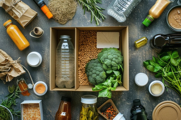 Une boîte à nourriture entourée de produits renouvelables respectueux de l'environnement illustrant des techniques de compostage faciles et une vie durable en réparant au lieu de remplacer