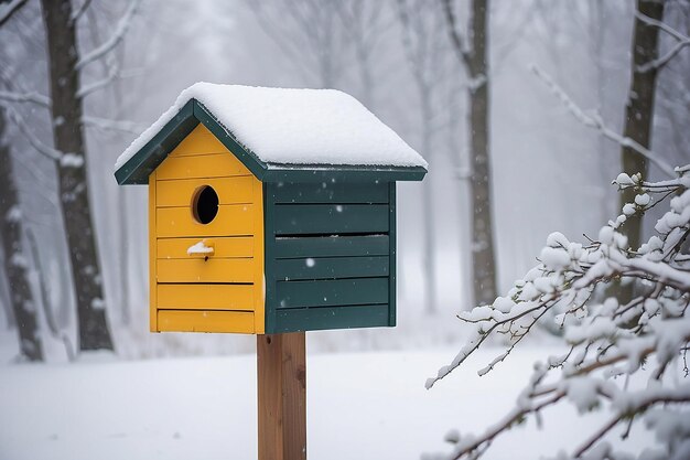 Boîte à oiseaux sous la neige pendant l'hiver