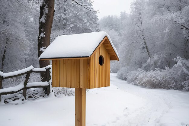 Boîte à oiseaux sous la neige pendant l'hiver