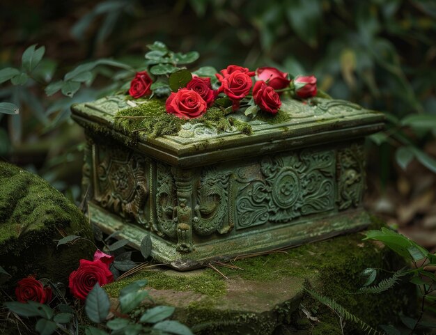 Une boîte ornée d'antiquités ornée de roses fraîches dans un cadre forestier mystique