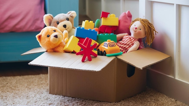 Photo une boîte avec un ours en peluche et un jouet dessus
