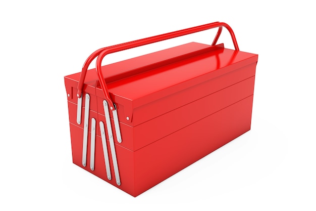 Boîte à outils classique en métal rouge sur fond blanc. Rendu 3D