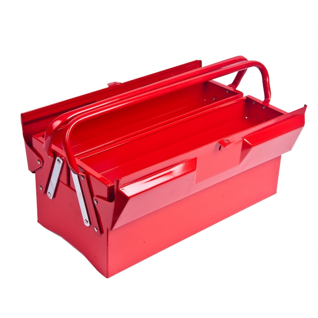 Photo boîte à outils en métal rouge isolé sur blanc