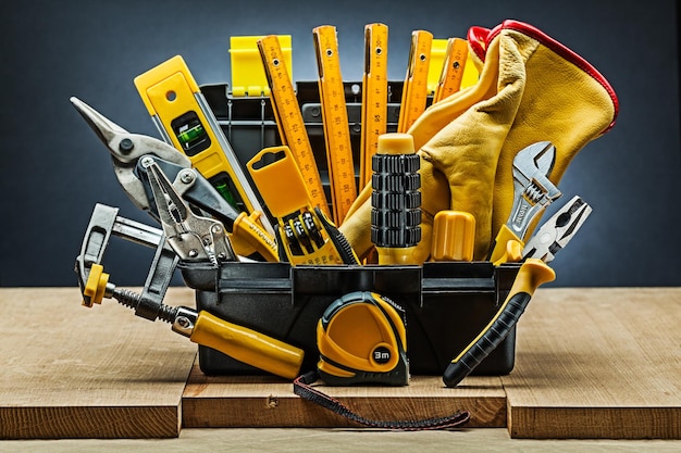 Boîte à outils avec de nombreux outils de construction sur planches de bois