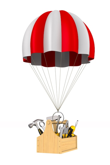 Boîte à outils et parachute sur blanc. Illustration 3D isolée