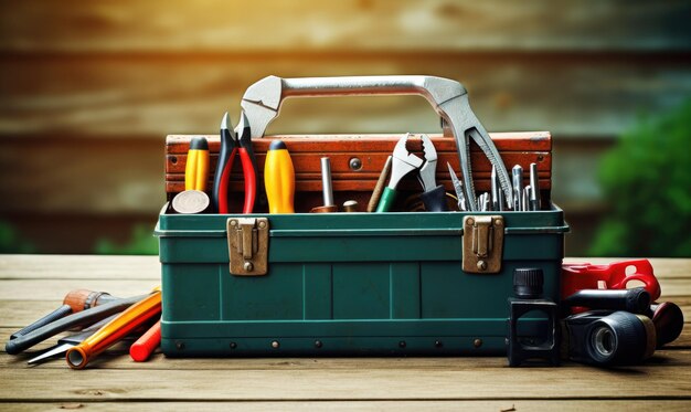 Photo une boîte à outils verte remplie d'outils au sommet d'une table en bois