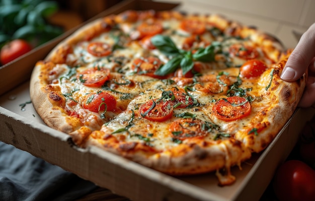 Une boîte ouverte avec une délicieuse pizza à la main.