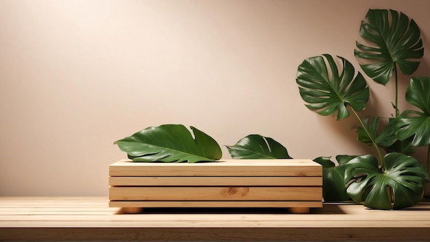 Photo boîte de podium en bois minimaliste avec des feuilles de monstera podiums de piédestal en bois plat avec des feuills tropicaux