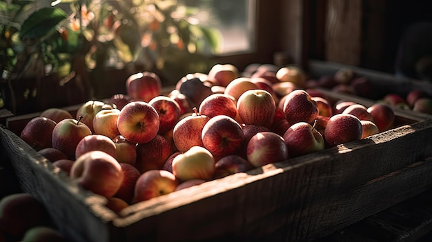 Une boîte de pommes dans une fenêtre