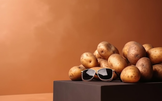 Une boîte de pommes de terre avec des lunettes de soleil dessus et une paire de lunettes de soleil sur le dessus.