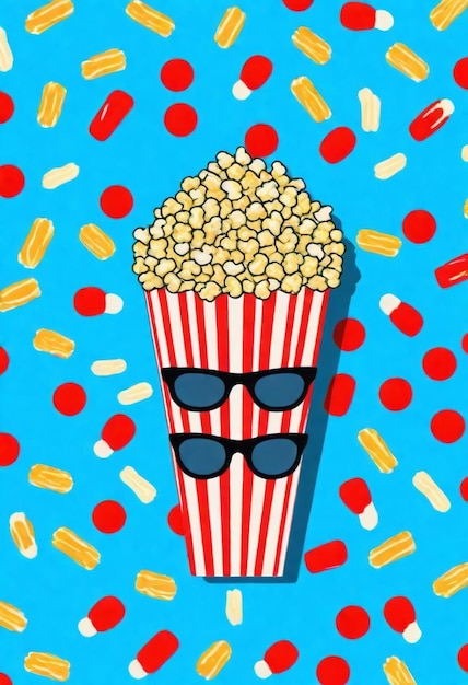 une boîte de pop-corn avec des lunettes et une paire de lunettes de soleil