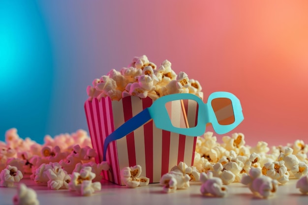 boîte de pop-corn rayée avec des lunettes 3D sur un gradient rose rêveur aventure magique de nuit de film