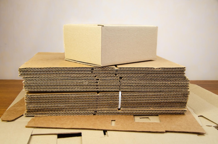 Photo boîte prête pour l'emballage du produit et une pile de feuilles de carton ondulé pliées sur une table.