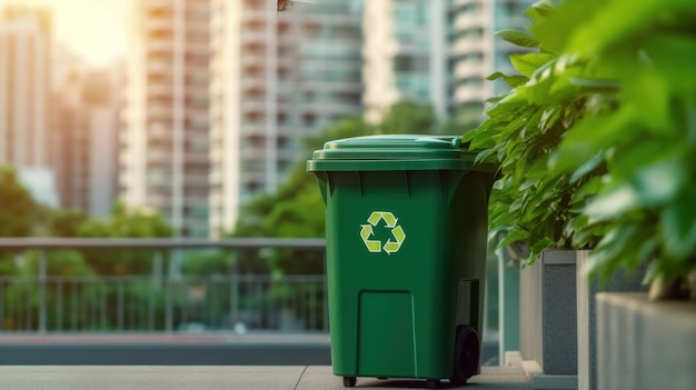 Boîte à recyclage sur le fond vert de la ville Concept d'écologie et de conservation de l'environnement ressource durable