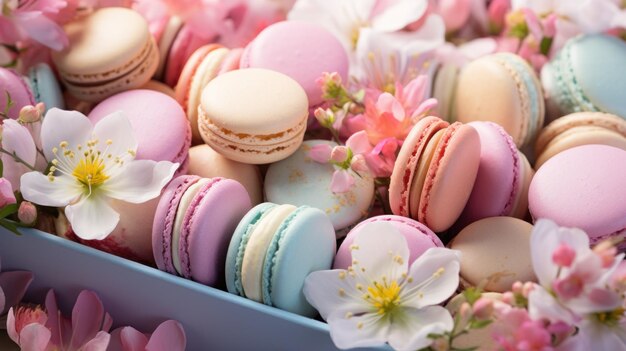 Photo une boîte remplie de macarons colorés et de fleurs vibrantes.