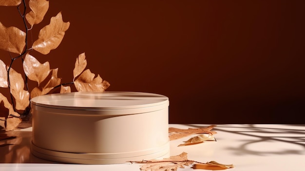 Une boîte ronde blanche avec un couvercle et des feuilles dessus.