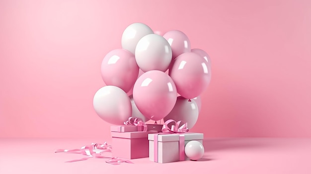 Une boîte rose avec des ballons et un cadeau dessus