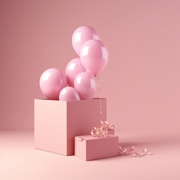 Une boîte rose avec des ballons et un ruban