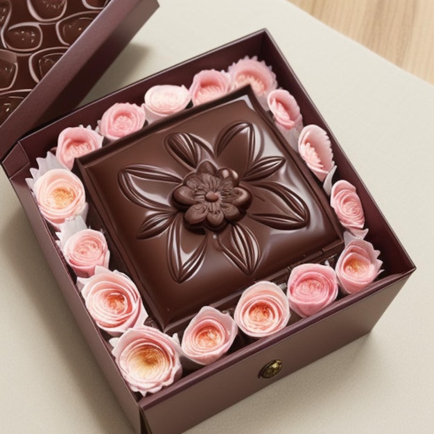 une boîte de roses roses avec une fleur au milieu