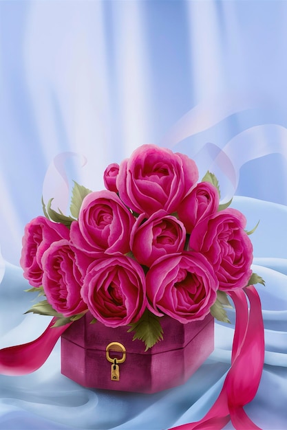 Boîte avec des roses roses sur fond bleu