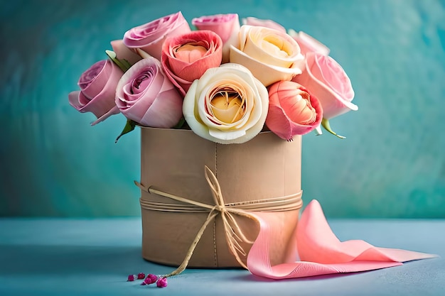 Photo une boîte de roses avec un ruban rose sur le dessus.