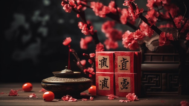 Une boîte rouge avec une écriture chinoise est posée sur une table avec une boîte rouge avec les mots " chinois " dessus.