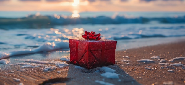 Photo une boîte rouge avec un nœud sur le dessus est posée sur la plage.