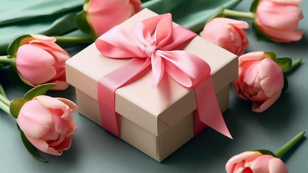 Une boîte avec un ruban rose attaché avec un arc se trouve sur une table avec des tulipes.