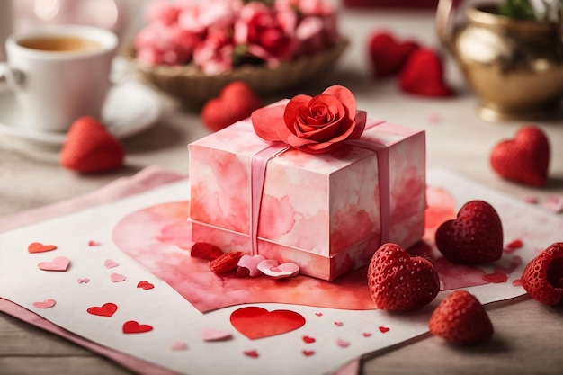 Boîte avec de savoureux macaroons, des fleurs de rose et des cœurs sur fond blanc Célébration de la Saint-Valentin