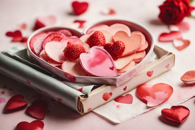 Boîte avec de savoureux macaroons, des fleurs de rose et des cœurs sur fond blanc Célébration de la Saint-Valentin