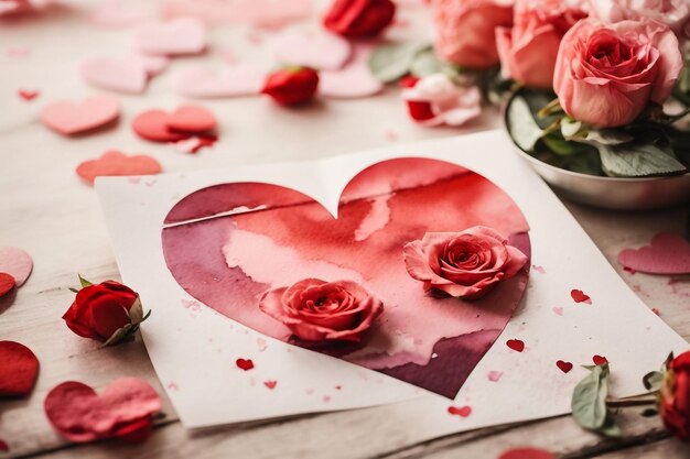 Boîte avec de savoureux macaroons, des fleurs de rose et des cœurs sur fond blanc Célébration de la Saint-Valentin