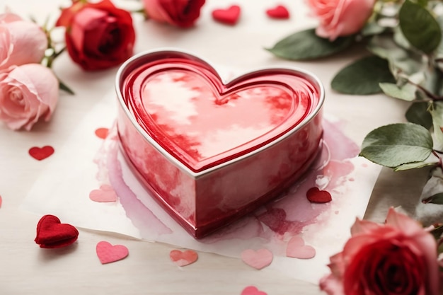 Boîte avec de savoureux macaroons, des fleurs de rose et des cœurs sur fond blanc Célébration de la Saint-Valentin