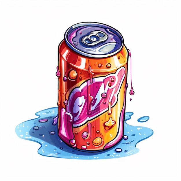 Une boîte de soda à dessins animés avec du liquide qui s'écoule.