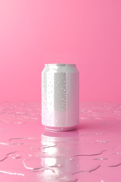 Photo une boîte de soda est assise sur une surface rose avec des gouttes d'eau dessus.