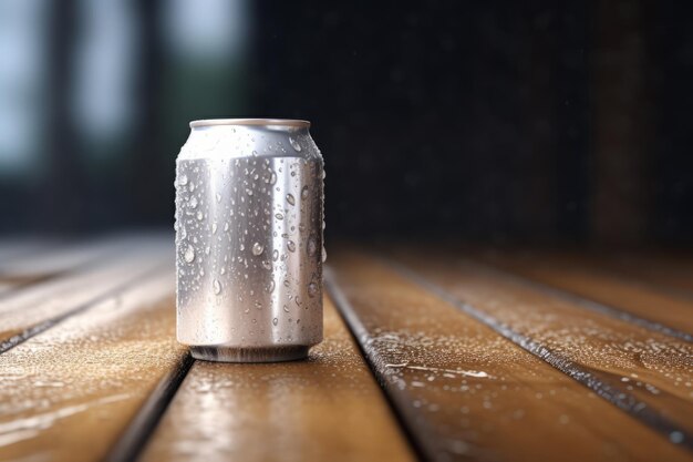 Photo une boîte de soda étincelante sur une table en bois avec de délicates gouttes d'eau illustration générative d'ia