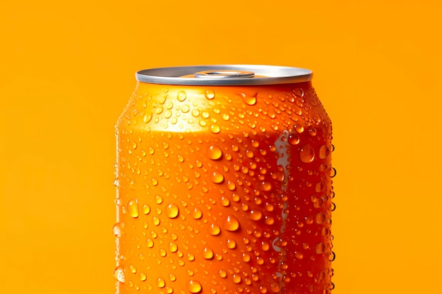 Boîte de soda fraîche avec des gouttes d'eau sur fond orange en gros plan IA générative