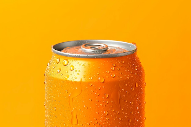 Boîte de soda fraîche avec des gouttes d'eau sur fond orange en gros plan IA générative