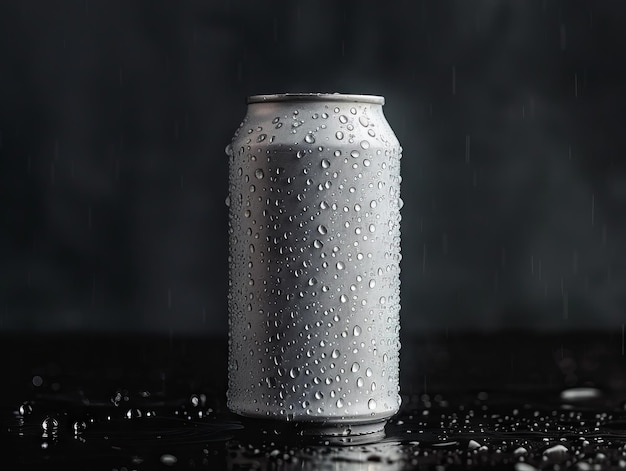 Une boîte de soda avec des gouttes d'eau dessus