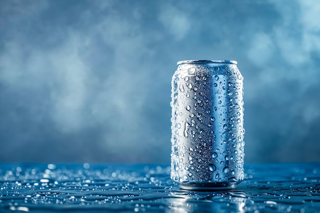 Une boîte de soda avec des gouttes d'eau dessus.