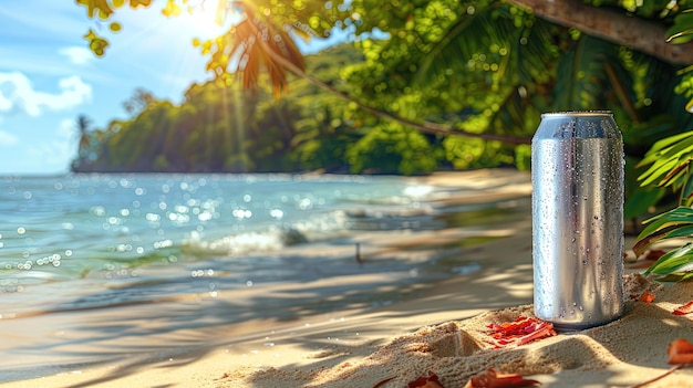 Une boîte de soda sur la plage de Sandy