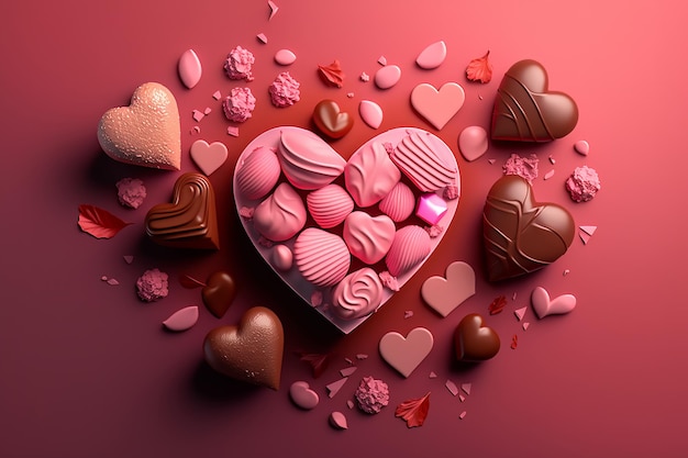 Une boîte sucrée avec des chocolats assortis et des bonbons dispersés sur fond rose