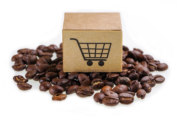 Boîte avec symbole du logo du panier d&#39;achat sur les grains de café