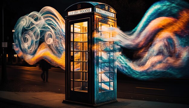 Photo une boîte téléphonique avec un tourbillon coloré de flammes sur le dos