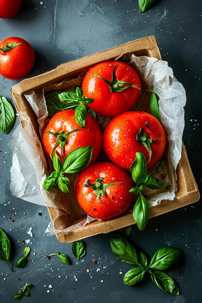 Une boîte de tomates avec des feuilles de basilic sur le dessus