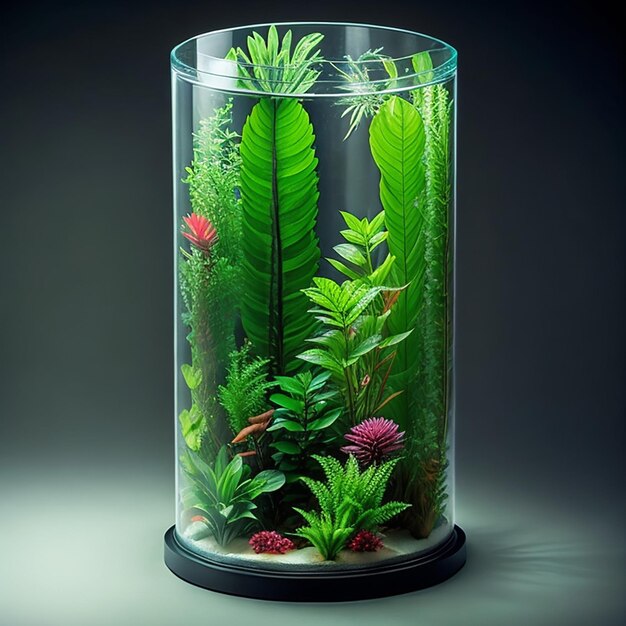 Boîte en verre cylindrique avec des plantes exotiques fleurs aquarium lumineux intérieur à l'intérieur