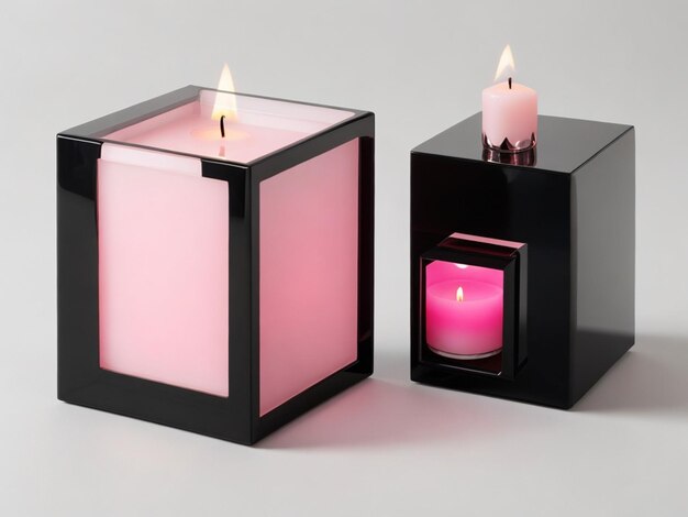 boîte en verre rose et noire avec bougie