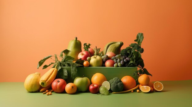 Une boîte verte avec des fruits dessus et un fond orange