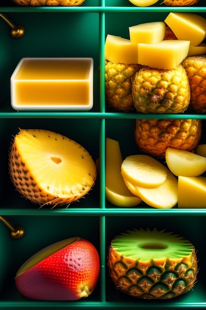Une boîte verte avec une variété de fruits, notamment de l'ananas, de l'ananas et du fromage.