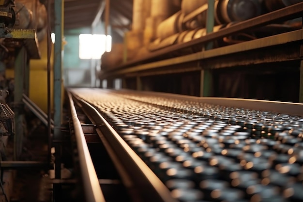 Boîtes d'aluminium sur une courroie transportatrice dans une usine créée avec l'AI générative