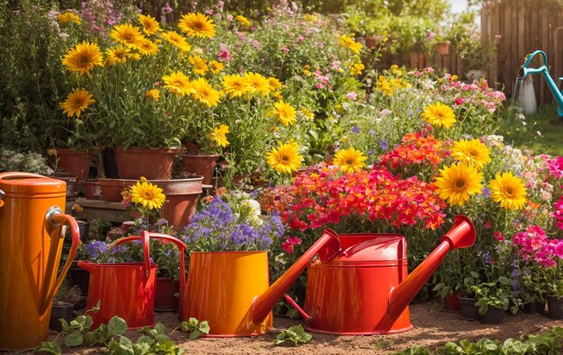 Boîtes d'arrosage de jardin couleur dans des pots de fleurs dans le jardin d'été